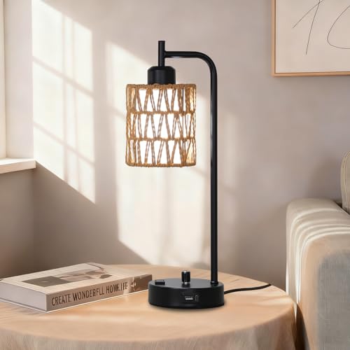 Rattan Table Lamps Set of 2, Boho Desk Lamps with USB Charging Ports and Outlet, Bohemian Bedside Lamps with Rattan & Linen Shade, Farmhouse Black Lamp for Living Room Bedroom Office