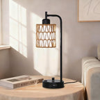 Rattan Table Lamps Set of 2, Boho Desk Lamps with USB Charging Ports and Outlet, Bohemian Bedside Lamps with Rattan & Linen Shade, Farmhouse Black Lamp for Living Room Bedroom Office
