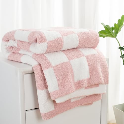 Carriediosa Checkered Throw Blanket 50" X 60", 400GSM Ultra Soft Microfiber Fuzzy Fluffy Reversible Cute Preppy Knitted Blankets Cozy Plush Fall Throws for Couch, Bed, Sofa, Dusty Pink - color: Check - Dusty Pink, size: 50" X 60"