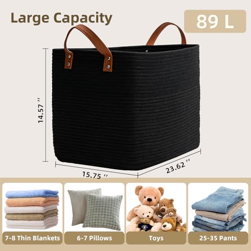 BOLDMONKEY 89L Extra Laundry Basket with Leather Handles,Woven Cotton Rope Blanket Basket,Toy Bin for Baby Room,Laundry Hampers for Bedroom, Living Room,Bathroom,24"x16"x15" Black - color: Black, size: 89L