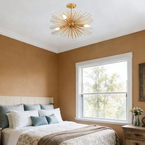 Modern Sputnik Chandelier Ceiling Light Fixture,4-Light Gold Semi Flush Mount Ceiling Light,20in Solid Metal Starburst Satellite Urchin Chandelier for Entry Dining Room Bedroom Kitchen Foyer - color: Gold 20" 4-Light