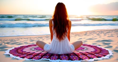 Round Beach Tapestry Mandala Boho Hippie Blanket Cotton Bohemian Large Table Cloth Home Decor Yoga Mat Meditation Picnic Rug Throw Hippy Boho Gypsy Tablecloth Roundie 42 Inches Pink And White - color: Pink And White, size: 42"L x 42"W