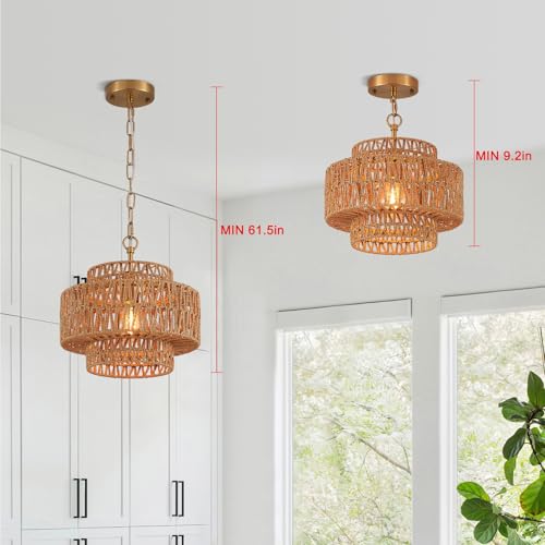 12.6" Rattan Pendant Light, Hand-Woven Boho Farmhouse Hanging Light Fixture, Mini Drum Wicker Rattan Chandelier for Kitchen Island, Bedroom, Dining Room, Entryway - color: Gold 12.6"