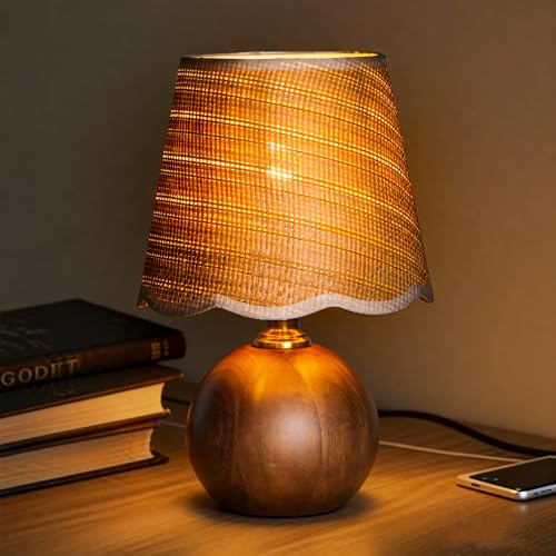 11.4" Modern Wooden Bedside Table Lamp, Small Nightstand Desk Lamp with Fabric Shade, Warm Ambient Light, Dimmable E26 Socket with Bulb Included for Bedroom Living Room (Fabric) - color: Scalloped Fabric+Solid Wood Base