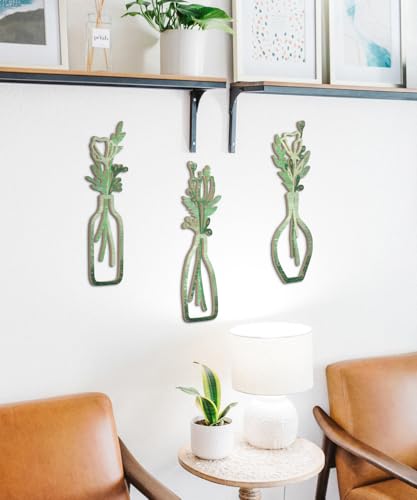 Putuo Decor 3 Pieces Wood Flowers Wall Decor, Rustic Farmhouse Neutral Wall Hanging, MDF Vase Panels Wall Sculptures, Minimalist Flower Wall Art for Living Room Bedroom Entryway, Green - color: Green