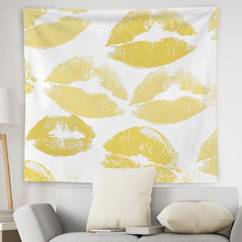 WNAGT Trendy Black and White Kiss Lips Tapestry Wall Hanging, Funky Makeup Wall Decor, Fashion Aesthetic Wall Blanket Decor for Girls Room College Dorm Makeup Room Beauty Room, 50x60 Inch - color: yellow