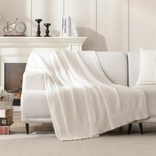 JOOJA Cream Throw Blanket for Bed, Super Soft Knit Blankets, Cozy Fleece Fuzzy Fluffy Plush Chenille Throws Blanket for Couch, Sofa, Cream, 60 x 80 inches - color: Cream, size: 60x80