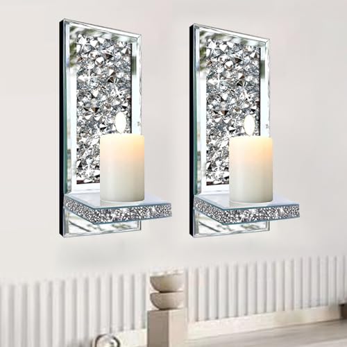 ZOLAPI Set of 2 Crystal Crush Diamond Candle Sconces, Gorgeous Silver Mirrored Wall Sconce, Candle Holder Glass Wall Decorations for Home Décor, Living Room, Dining Room. 1A - color: Silver Mirror ①a