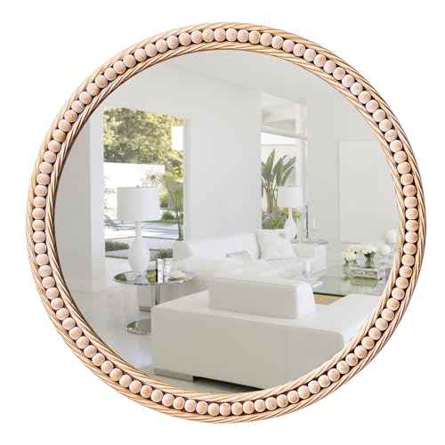 Gluck Plants Gold Round Mirror - 24" Rustic Beaded Farmhouse Decorative Accent Mirror for Bathroom, Living Room, Bedroom, Fireplace, Hallway