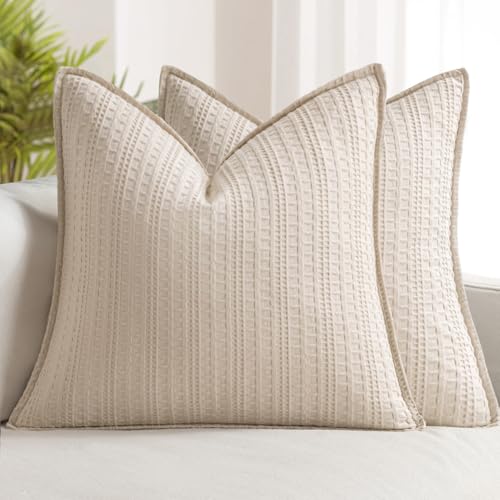 Set of 2 Decorative 100% Cotton Waffle Euro Sham Pillow Covers 24x24, Neutral Throw Pillows Weave European Cushion Cases for Couch Sofa Bed Modern Farmhouse Home Decor, Oatmeal - color: Oatmeal, size: 24" x 24" (Pack of 2)
