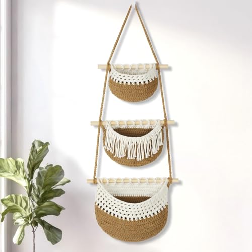 Boho Style Handwoven Rope Hanging Basket - 3-Tier Detachable Storage Organizer for Kitchen/Bathroom/Entryway, 3 Included Heavy-Duty Hooks, 7 Color Options Available (Khaki&White) - color: Khaki&White