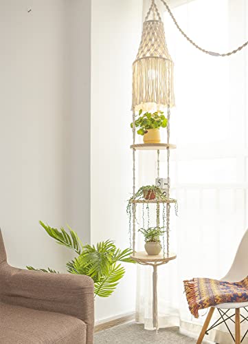 YKBU Macrame Plant Hanger Shelf Hanging Rope Shelf Indoor with Boho Lamp Shade 3 Tier Floating Round Shelves Decorative Shelf Flower Pot Holder Planter Display Rack Boho Home Decor-1 Set - color: Cream