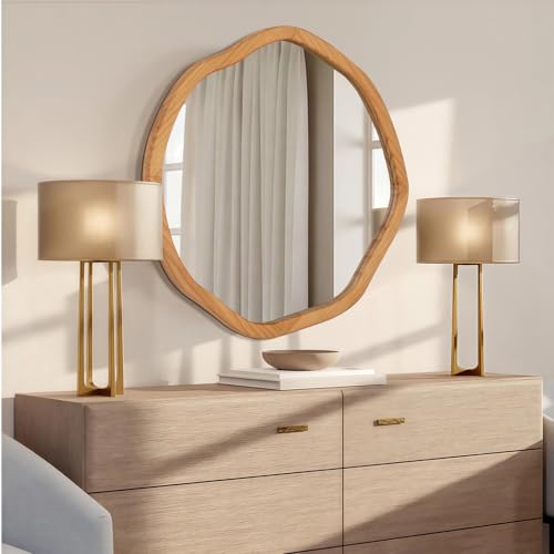 ULIKE Round Wood Mirror, 30 Inch Irregular Circle Vanity Wall Mirror with Wooden Frame, Rustic Decorative Wall Mount for Bathroom Bedroom Living Room Entryway, Natural - color: Wood, size: 30"L x 30"W