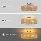 24" Natural Rattan Flush Mount Ceiling Light Fixture, 5-Light Gold Hand-Woven Wicker Boho Chandelier for Bedroom, Living Room, Dining Room, Kitchen, Rustic Lamp for Hallway and Entryway - color: Pattern A