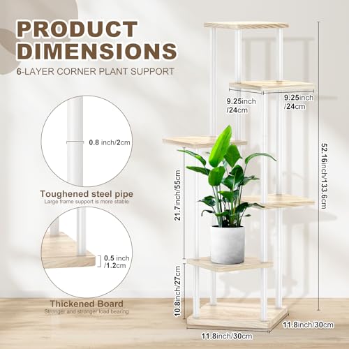 6 Tier Plant Stand Indoor, Thickened Metal Wood Corner Plant Shelf Stands for Multiple Plants, Indoor Tall Plants Stand Tiered Flower Holder for Living Room Patio Garden Balcony(White+Oak) - color: White+Oak, size: 6 Tier