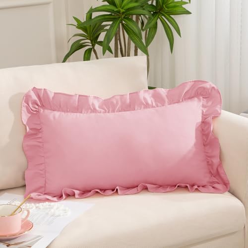 Pink Ruffle Lumbar Pillow Cover 12x20 Inch, Ruffled Cushion Case Covers for Couch Sofa Bed Living Room, Decorative Farmhouse Throw Pillow Cover, Pack of 1 - color: Pink, size: 20" x 12" (Pack of 1)
