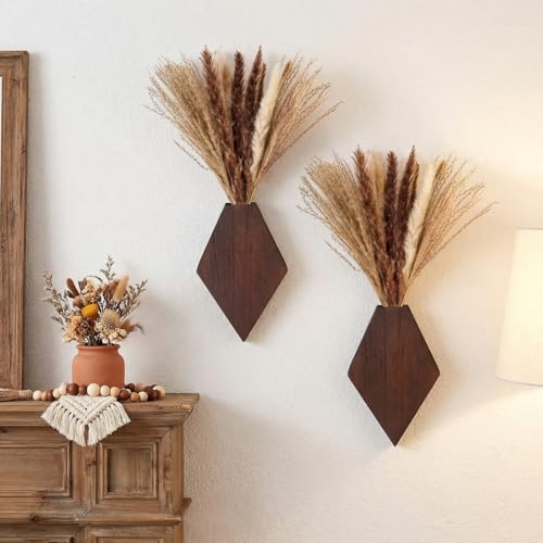 2 Pcs Bohemian Wooden Wall Planter Set with Pampas Grass Modern Farmhouse Wall Decor for Living Room, Bathroom, Bedroom, Office(Brown,Regular Style) - color: Brown, style: Regular Style