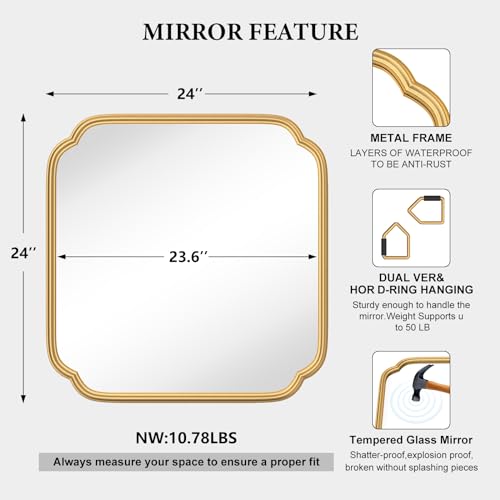 Ferytange Gold Bathroom Mirror for Wall 24" x 24" Modern Rounded Corner Square Mirror with Non-Rusting Iron Metal Framed Bathroom Vanity Mirror for Over Sink Wall Decor Horizontal/Vertical - color: Gold, size: 24"L x 24"W