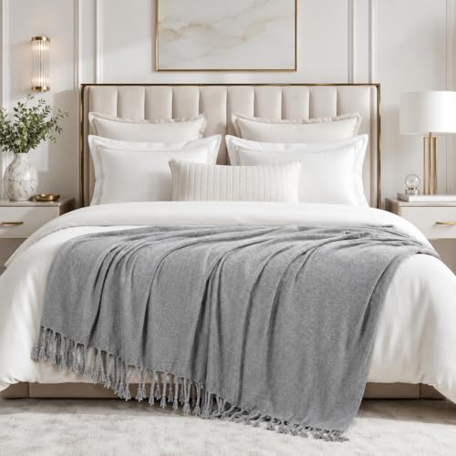 BATTILO HOME Light Gray Chenille Throw Blanket for Couch, Soft Cozy Textured Knit Throw Blanket with Handmade Fringe Tassels, Lightweight Decorative Farmhouse Blanket for Sofa Bed Chair, 50"x60" - color: Light Grey