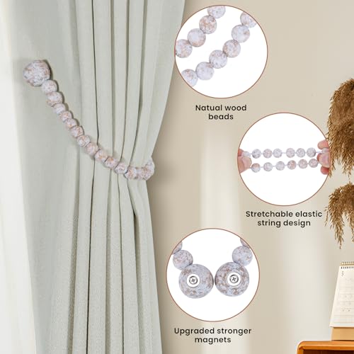 KLOGTSIND Magnetic Curtain Tiebacks, Curtain Tie Backs for Curtains 2 Pack, Wood Bead Curtain Tiebacks, Curtain Holders for Boho Bedroom Decor, Baby Nursery Decor, Farmhouse Decor - color: Whitewashed