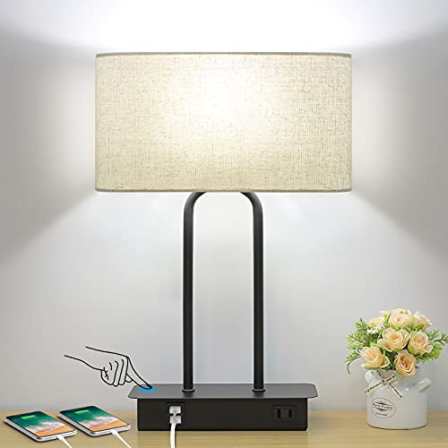 Bedside Touch Control Table Lamp with Dual USB Charging Ports 1 AC Outlet, 3 Way Dimmable Modern Nightstand Lamp with Cream Fabric Shade, Desk Lamp for Bedroom Living Room Office with 5000K LED Bulb - color: Cream