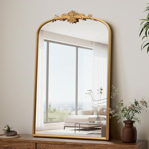 Besdomus Antique Arched Wall Mirror: 24"x36" French Large Arch Gold Vintage Vanity Mirror - Decorative Baroque Traditional Ornate for Entryway/Bedroom/Bathroom - Ideal for Bathroom Renovations - color: Gleaming Gold, size: 36"L x 24"W