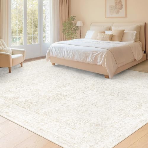 9x12 Area Rugs for Living Room: Washable Large Vintage Floral Rug Low Pile Non-Slip Boho Carpet for Bedroom Dining Home Office (Floral Beige, 9'x12') - color: Floral Beige, size: 9' x 12' (Rectangular)