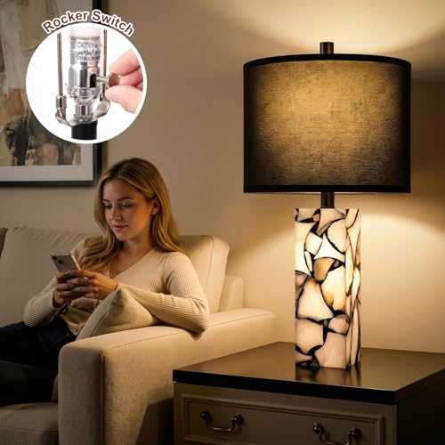 Scenekoy 23" Alabaster Table Lamps Set of 2 with Night Light for Living Room, Rotary Switch, Black Modern Table Lamp with Black Linen Shade, Nightstand Lamp for Bedroom Bedside Office (Bulb Included) - color: Black