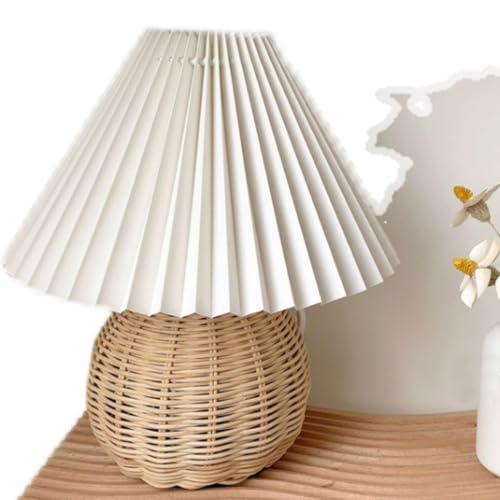 Pleated Table Lamp, Rattan Small Bedside Mini Table Lamp for Bedroom Pleated Table Lamp Handmade Boho Rattan Bedside Lamp Desk Light for Room Desk Entrance 9.4x11.0x5.5in