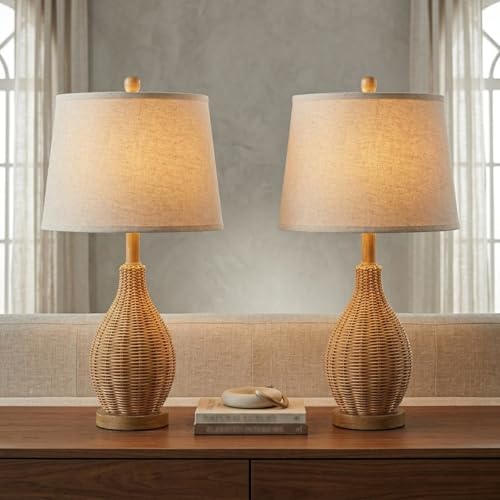 Hamilyeah 23" Farmhouse Table Lamps Set of 2 with Bulbs Included, Boho Bedside Lamps with Fabric Shade, Natural Woven Rattan Nightstand Lamps for Bedroom, Living Room, Large Spaces - color: wooden color