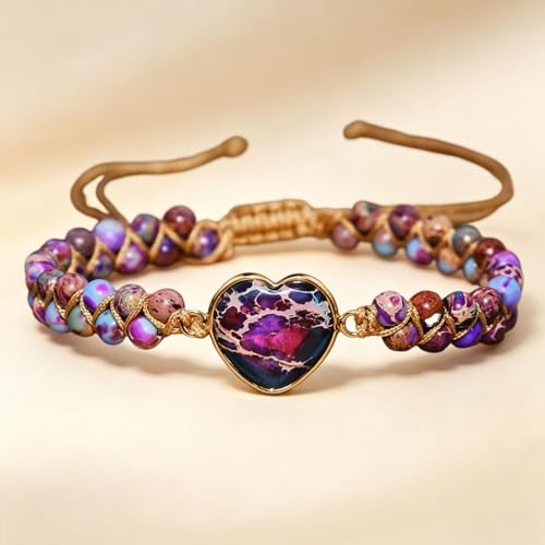 Women Boho Wrap Bracelet,Handmade Natural Stone Crystal Emperor Beads Heart Bracelet, Fashion Bohemian Jewelry Gift for Women - color: Purple Red