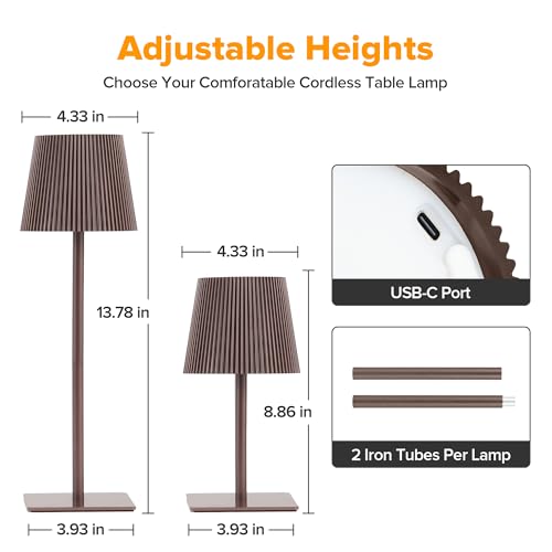 LUTEC 4 Pack Cordless Table Lamp,6000mAh Rechargeable Battery Operated Desk Lamp,Two Adjustable Heights,Waterproof, Touch Control & 3 Color Stepless Dimming for Restaurant/Bedroom/Bars/Outdoor (Brown) - color: Brown