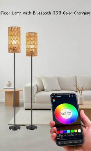 Ruiever 2 Pack Smart Floor Lamp for Living Room,Gaming - Remote, Timer Floor lamp with Remote, APP Control & RGB Standing lamp with Hand-Worked Rattan Shade Bluetooth Bulb Included - style: 2PACK Round Rattan-RGB Bulb