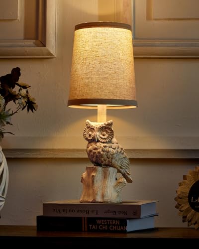 G-SAFAVA 14.25" Small Table Lamp for Living Room Farmhouse Bedside Resin Single Lamp with White Owl Lamp Shape for Bedroom Retro Rustic Nightstand Lamp - color: ‏‏‎ ‎‏‏‎ ‎‏‏‎ ‎White Wash