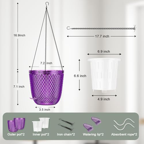QCQHDU Hanging Planters for Indoor Plants, 2-Pack, 7.2 Inch, Purple | Plastic, Self Watering Plant Hanger, with Drainage Holes, 3 Hooks Chains, For Garden Home - color: Purple, size: 7.2in