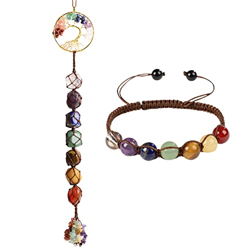 1 Set of Tree of Life Ornament and 7 Chakra Bracelet Healing Crystals Feng Shui Hanging Ornament 7 Chakra Wall Ornament