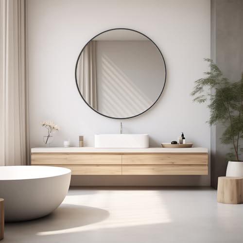 NEWBULIG 30IN Round Bathroom Wall Mirror, Modern Vanity Mirrors for Over Sink, HD Glass Decorative for Entryway, Bedroom & Living Room, Anti-Rust, Tempered Glass, Hanging or Leaning, Black - color: Black, size: 30.1"L x 30"W