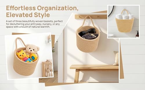 Khaki Cotton Rope Storage Baskets 3 Pack with Adhesive Hooks | 6.3"×6.3", Wall & Desktop Hanging, Nursery Organizer, For Plants, Keys, Office Supplies & Makeup - color: Khaki