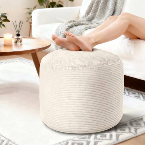 20" x 20" x 15" Pouf Ottoman Foot Rest, Pre-Stuffed Round Foot Stool with Odorless Shredded Memory Foam, Furry & Fluffy Corduroy Footrest for Living Room, Beige - color: Beige, size: 20"D x 20"W x 15"H
