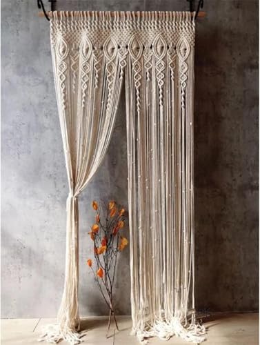 Foreate Macrame Curtains Long Cotton Macrame Wall Hanging Boho Beaded Curtain for Window Doorway Handmade Wedding Backdrop Room Divider, 2 Panels 79" L x 35" W - size: 35.5"W x 79"L (Pack of 2)