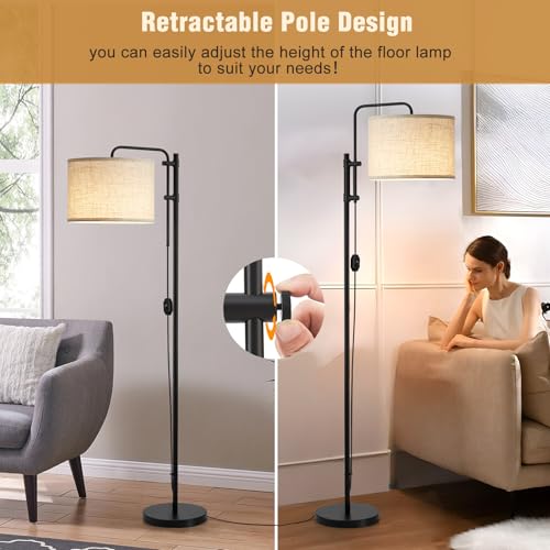 GyroVu Floor Lamp for Living Room, Adjustable Height Standing Lamps with 350° Rotate Beige Lampshade, 67.5-Inch Modern Tall Lamp Dimmable Floor Lamps for Corner Bedroom Home Office (Bulb Included) - color: Linen Fabric Shade