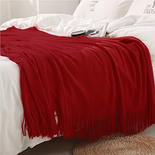 Homiest Decorative Knitted Throw Blanket with Fringe Soft & Cozy Tassel Blanket for Couch Sofa Bed (Red, 50x60) - color: Red, size: 50" x 60"