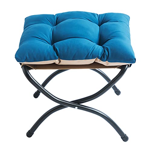 15" Folding Foot Stool for Patio, Small Accent Outdoor Ottoman, Metal Frame Foldable Foot Rest, Upholstered Morden Folding Footstool for Home Living Room Bedroom Washable Sapphire - color: Sapphire
