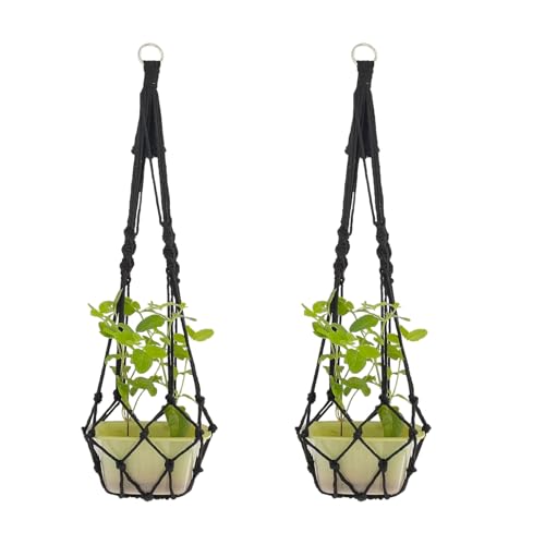 Boho Black Macrame Plant Hangers Set of 2 - Hanging Planter with Patterns, Handmade Cotton Rope Hanging Baskets for Indoor Outdoor Plants, Bohemian Home Wall Decor Art - color: B Black
