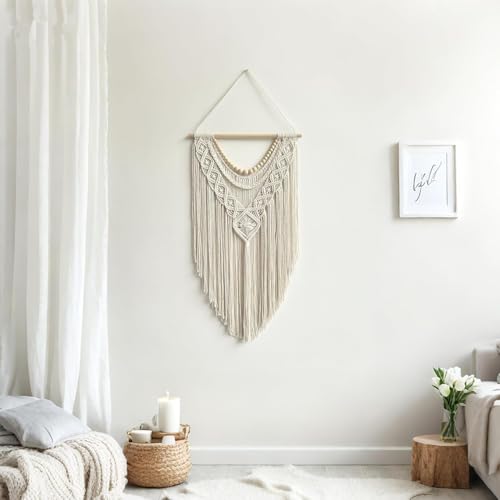 guzhiou Macrame Wall Hanging Boho Geometric Woven Tapestry Cotton Handmade Bohemian Art Decor with Wood Bead Wall Decor for Bedroom Living Room Apartment Nursery 31.5" L x 17" W(Wood bead-A) - color: Wood bead-A