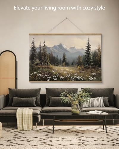 ARPEOTCY Extra Large Vintage Framed Wall Art, 36x54 Inch Wildflower Mountain Forest Hanging Framed Canvas Prints Scroll Wall Art Decor for Living Room Bedroom, Retro Scenery Pictures Above of Bed - color: Snow Mountain Pine Forest