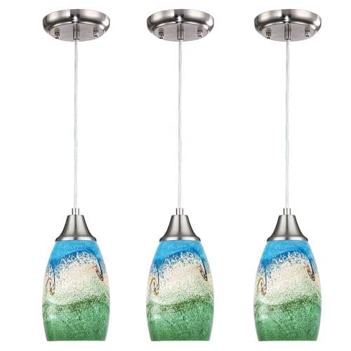 karyfine 3pack Mini Pendant Lights Kitchen Island Hand Blown Art Glass Hanging Ceiling Pendant Light Over Kitchen Sink Glass Pendant Light Shade for Coffee Bar,Dining Room,Stairs Multi Color - color: Multi color-3Packs