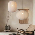 METHEDEECO 2-Piece Hanging Lamp Shade Set, 1 Oval 20x15 in + 1 Cylinder 13.5x17 in, Faux Linen Fabric Pendant Light Shades, Foldable Minimalist Pendant Lantern Shades, Nature Beige, Shades Only