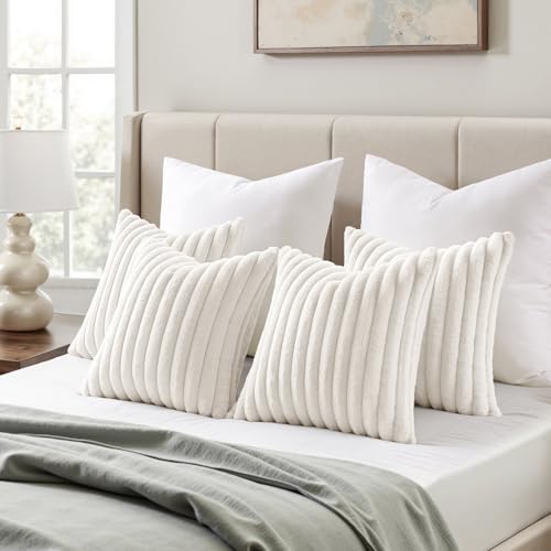 MIULEE Faux Fur Plush Decorative Throw Pillow Covers 18x18 Set of 4, Spring Modern Soft Fuzzy Striped Cushion Covers for Spring Sofa Couch Bed Living Room Cozy Home Decor,Pure White - color: Pure White, size: 18" x 18" (Pack of 4)