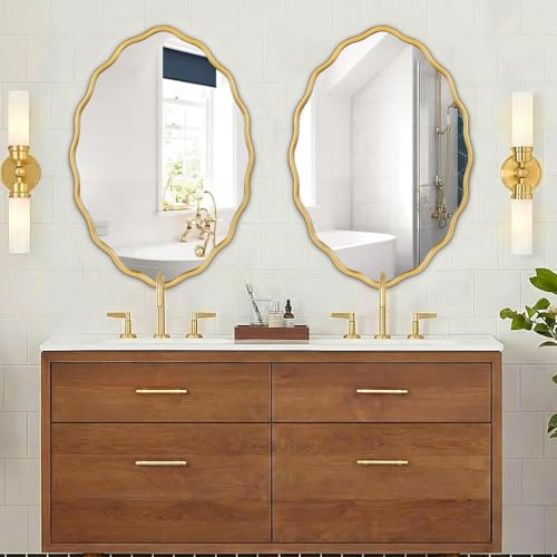 Oval Bathroom Mirror Wall Mounted Large Decorative Wall Mirror for Living Room, Bedroom, or Entryway – Vintage Sunburst Design with Beveled Detailing – Wavy Frame Vanity Mirror (Gold) - color: Gold